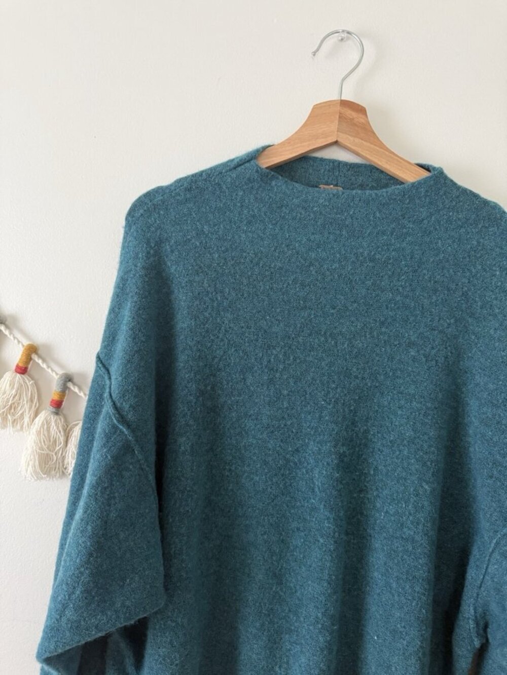 Free People Break Away Rollback Knit Teal Pullover Sweater Cozy Slouchy Wool L - Picture 5 of 10